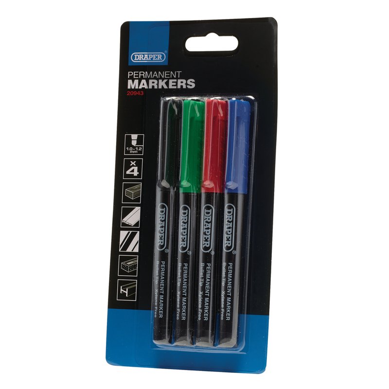 Draper 20943  Marker Pens, Multicoloured (Pack of 4)