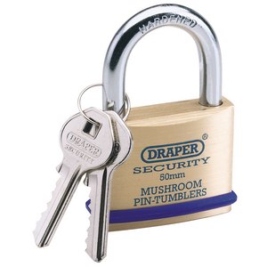 Draper 64162 Solid Brass Padlock 50mm Hardened Shackle 2 Keys
