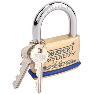 Draper 64163 Solid Brass Padlock 60mm Hardened Steel Shackle 2 Keys