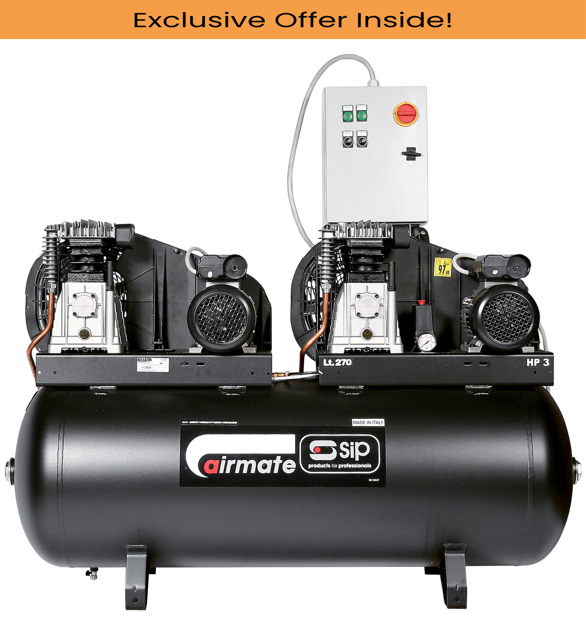 SIP 05251 B3800/270 Tandem Compressor,Tank Capacity - 270 Litre, Max. Air Pressure - 10 Bar