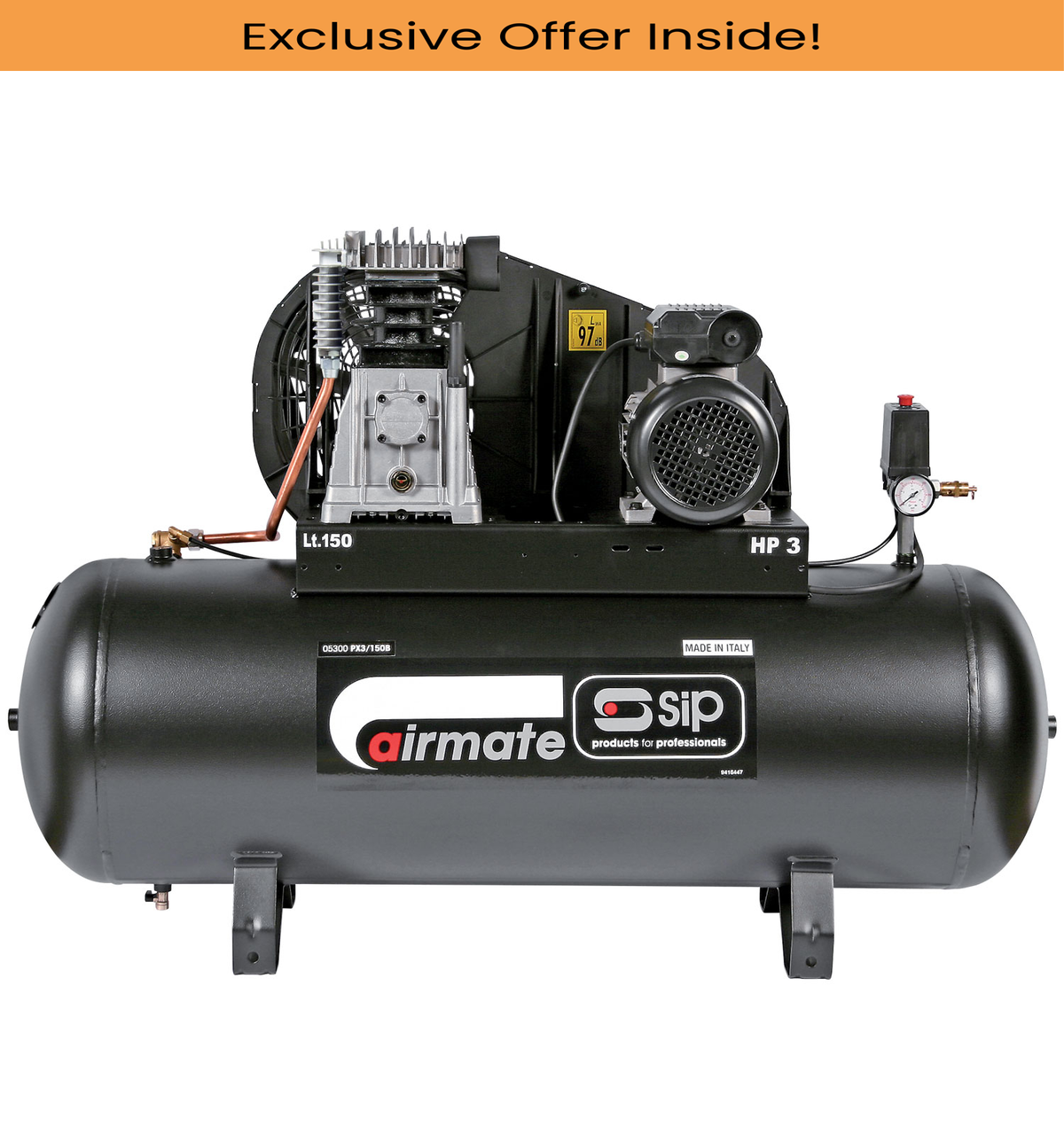 SIP 05300 PX3/150-SRB Compressor, Tank Capacity - 50 Litre, Max. Air Pressure - 10 Bar