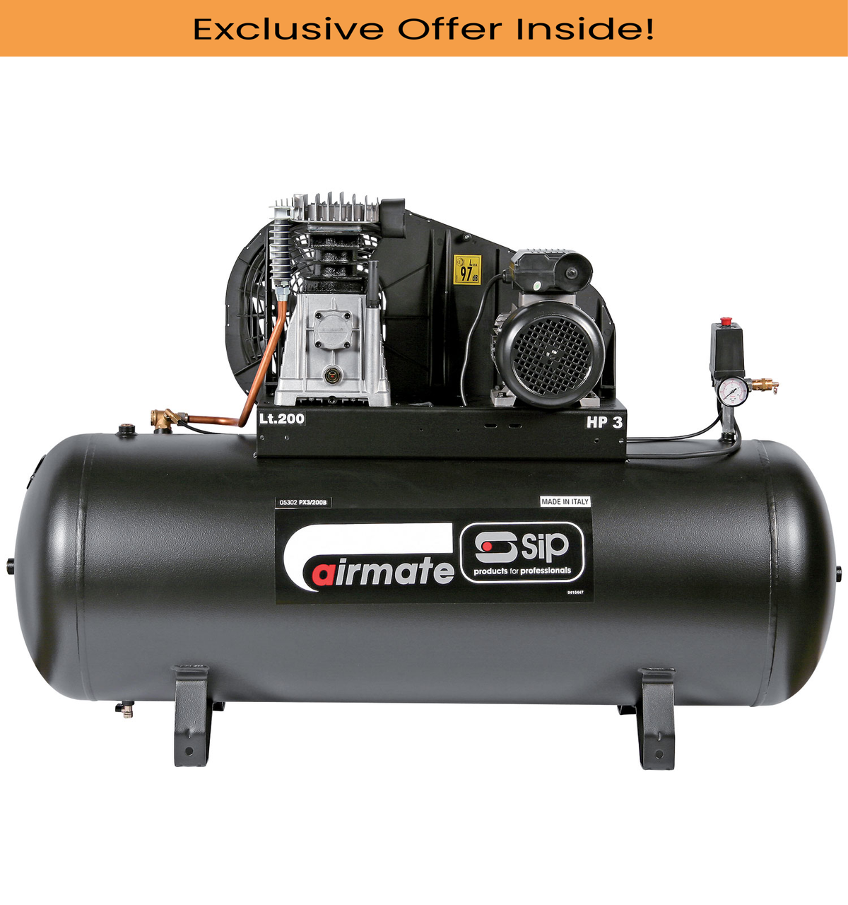 SIP 05302 PX3/200-SRB Belt Drive Compressor, Tank Capacity - 200 Litre, Max. Air Pressure - 10 Bar