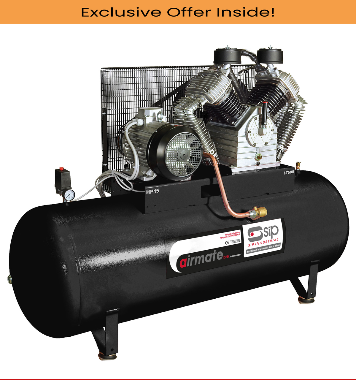 SIP 06297 ISBD15/500 Super Electric Compressor, Tank Capacity - 50 Litre, Max. Air Pressure - 11 Bar