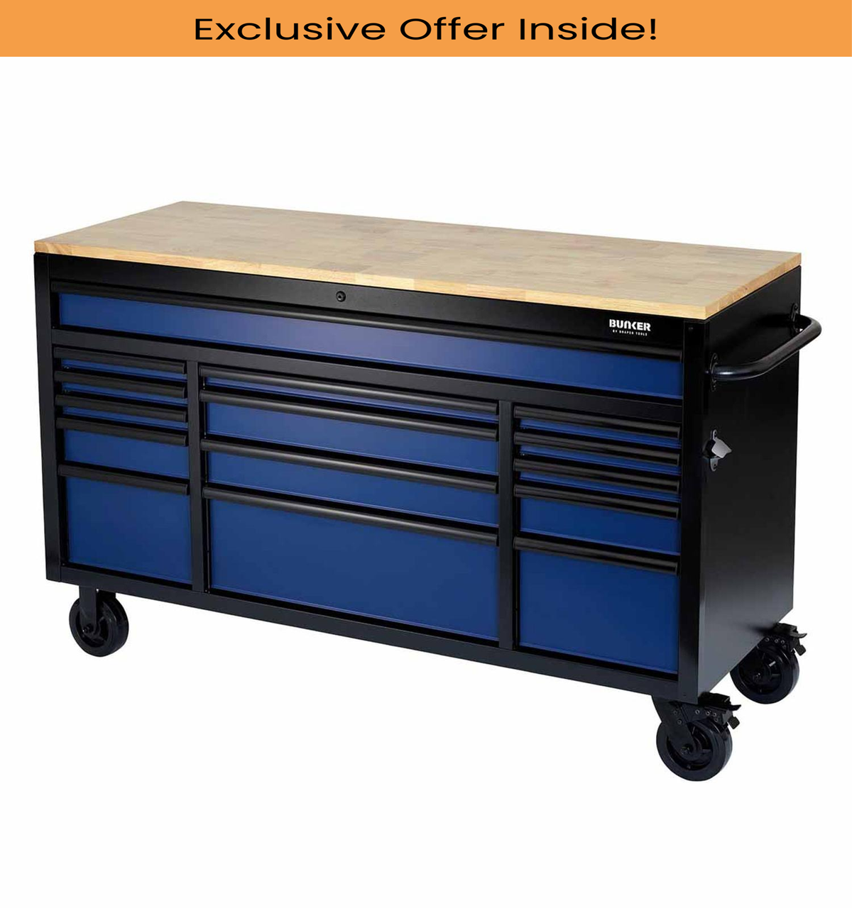 Draper 10747 Bunker 15 Drawer Workbench Roller Tool Cabinet, 61",Blue