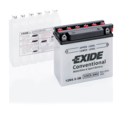Exide 12N5,5-3B Motorcycle Battery With Acid Pack - 12V 5.5Ah, 1 Year Warranty