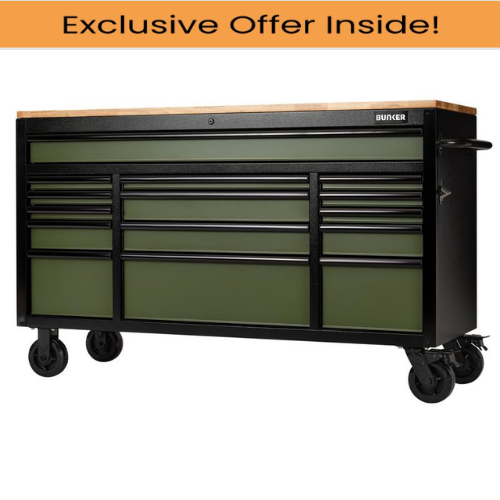 Draper 27333 BUNKER 15 Drawer Workbench Roller Tool Cabinet, 61", Green