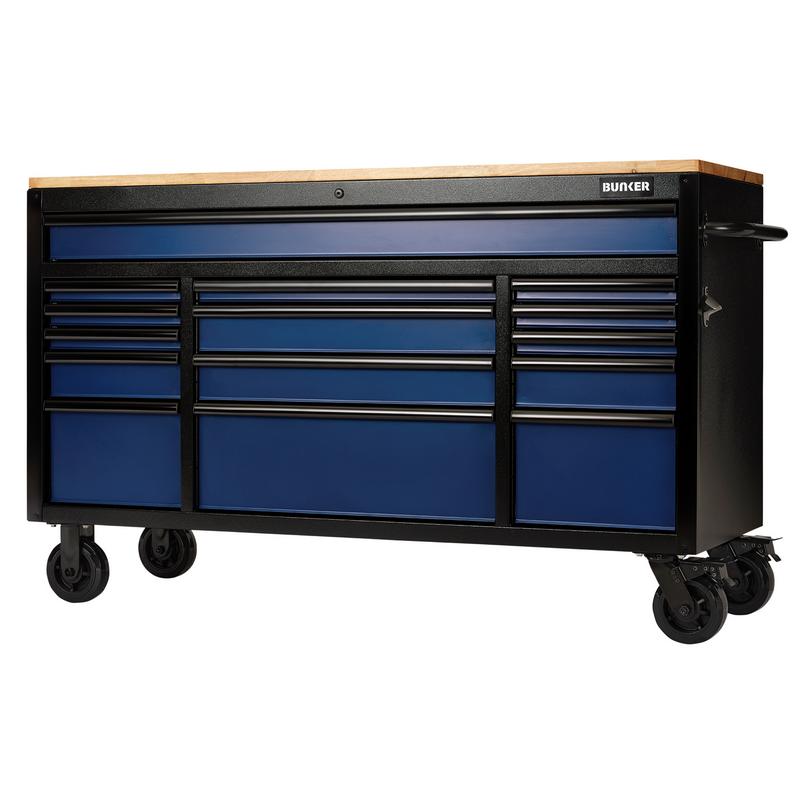 Draper 27336 BUNKER 15 Drawer Workbench Roller Tool Cabinet, 61", Blue