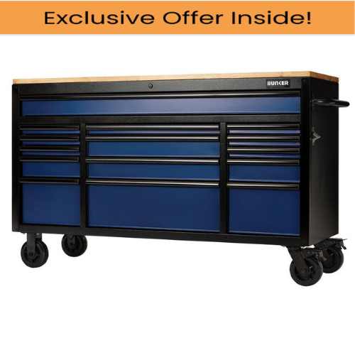 Draper 27336 BUNKER 15 Drawer Workbench Roller Tool Cabinet, 61", Blue