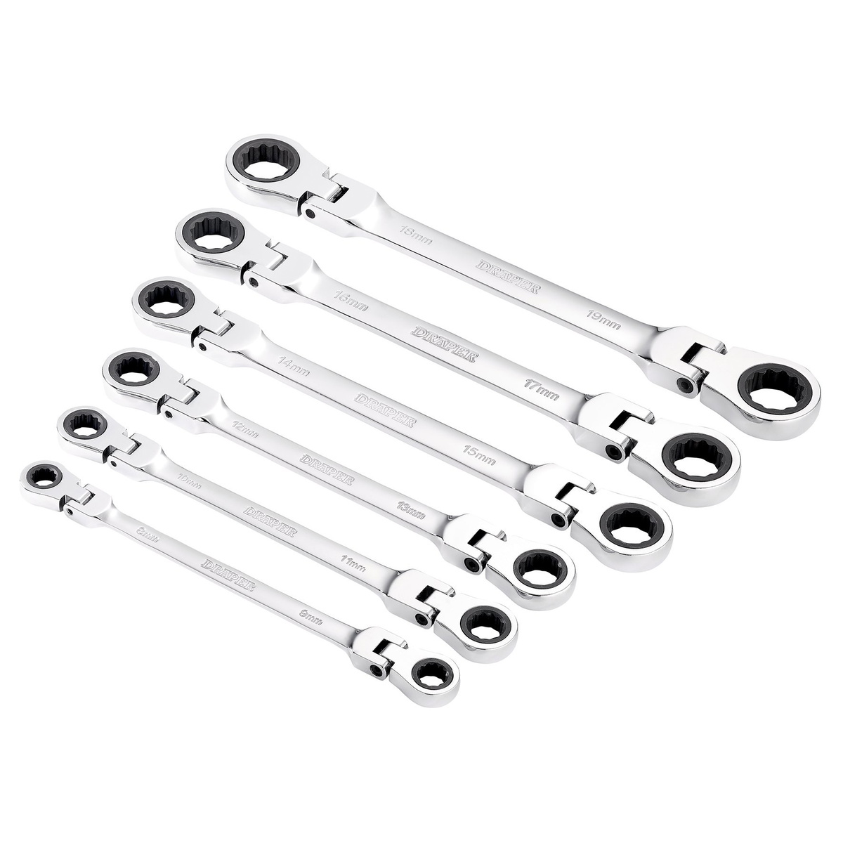 Draper 27762 HI-TORQ® Metric Flexible Head Double Ring Ratchet Spanner Set 6 Piece