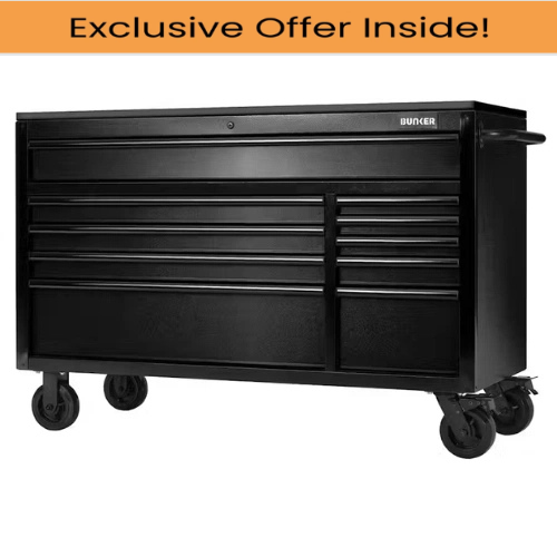 Draper 28077 BUNKER® 10 Drawer Workbench Roller Tool Cabinet with Black Stainless Steel Worktop, 56