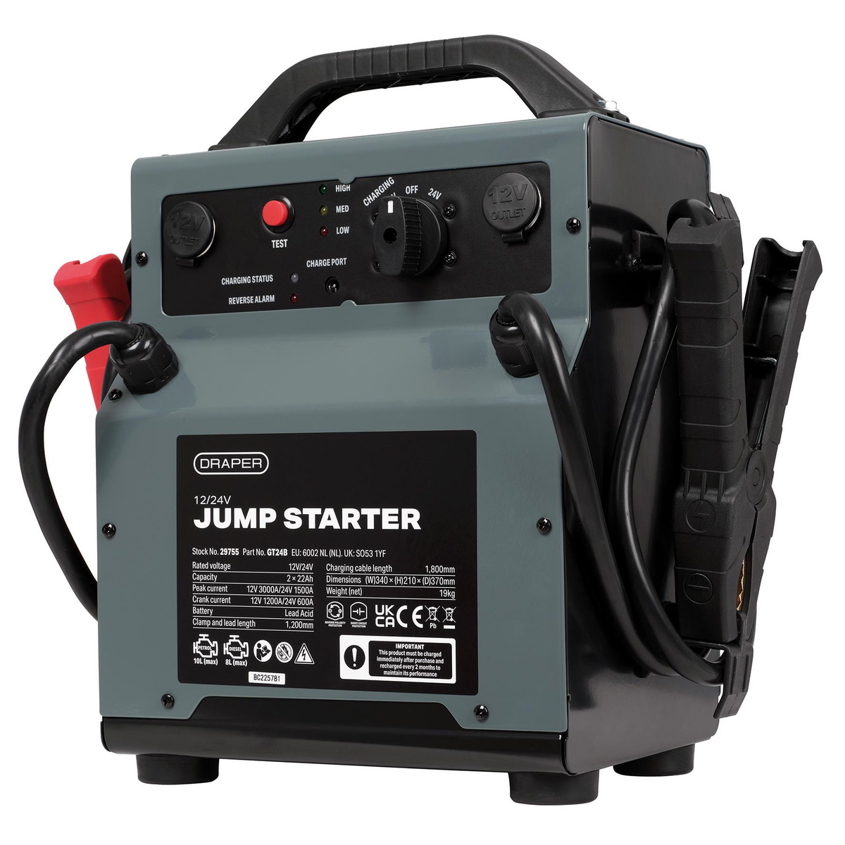Draper 29755 12/24V Jump Starter 3000/1500 Peak Amps