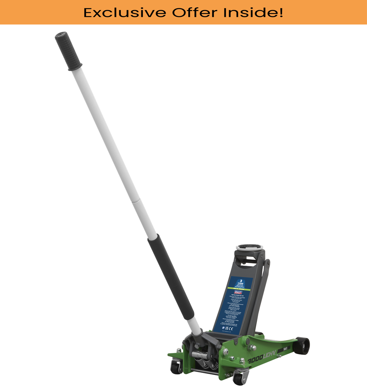 Sealey 3000LEHV 3 Tonne Low Entry Trolley Jack Rocket Lift Hi-Vis Green - 85mm Min Height