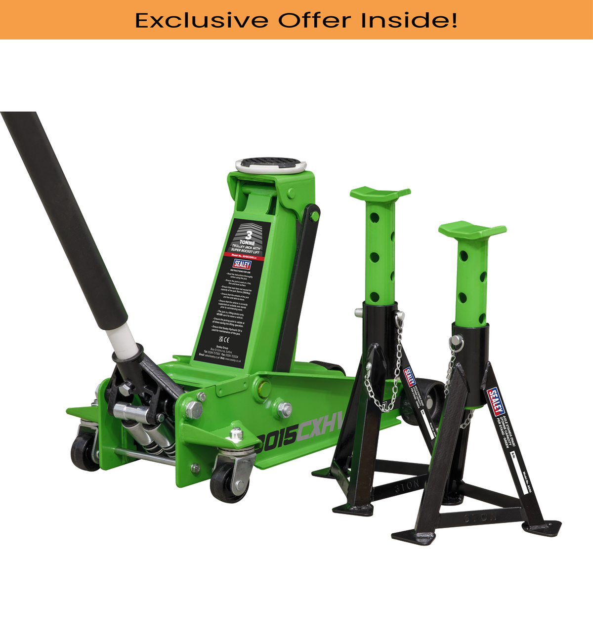 Sealey 3015CXHV Trolley Jack 3tonne with Super Rocket Lift & Axle Stands (Pair) 3tonne Capacity per Stand-Hi-Vis