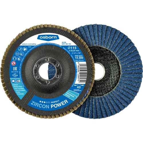 Osborn ZIRCON POWER Flap Disc 125mm Grit 40 - Tapered, 22.23mm Bore, 12,250 RPM
