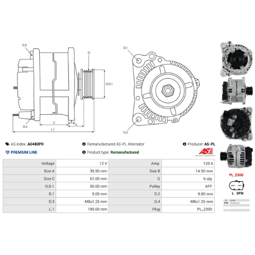 AS-PL A0480PR 12V 120A Alternator BOSCH Type