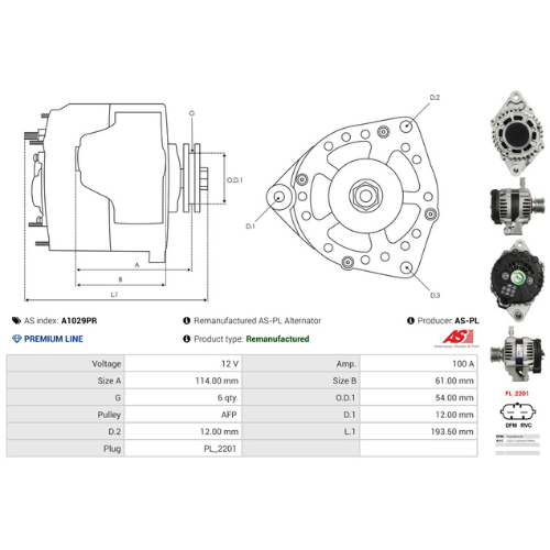 AS-PL A1029PR 12V 100A Alternator DELCO Type