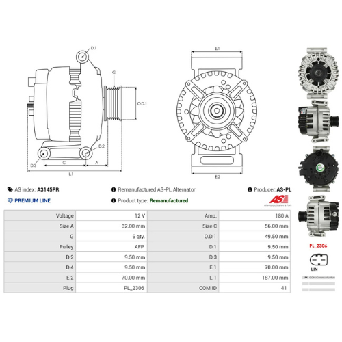 AS-PL A3145PR 12V 180A Alternator VALEO Type