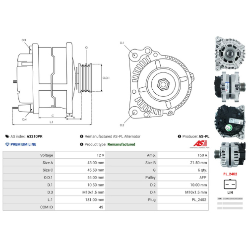 AS-PL A3210PR 12V 150A Alternator VALEO Type