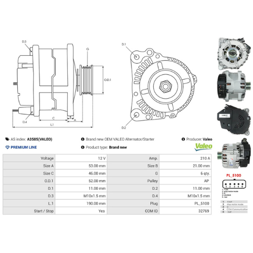 AS-PL A3585 12V 210A Alternator VALEO Type