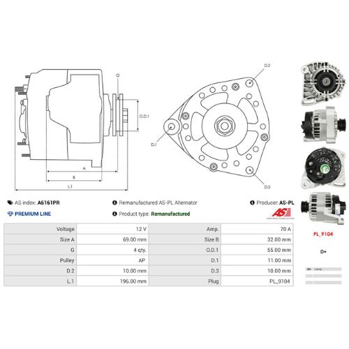 AS-PL A6161PR 12V 70A Alternator DENSO Type
