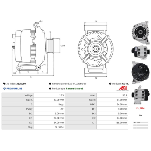 AS-PL A6269PR 12V 90A DENSO Type Alternator