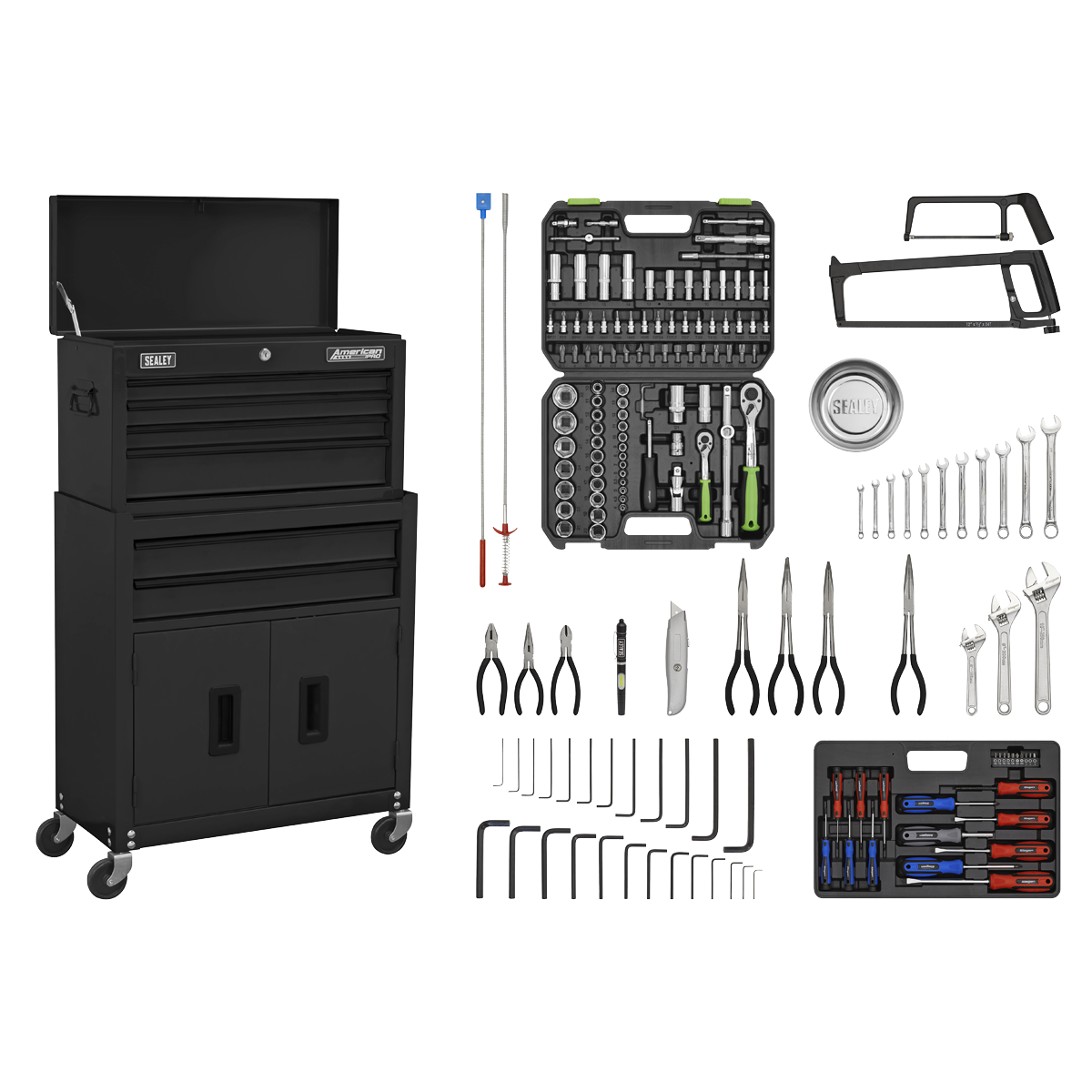 Sealey AP22BKCOMBO AP22BKCOMBO Topchest & Rollcab Combination 6 Drawer with Ball-Bearing Slides - Black & 170pc Tool Kit