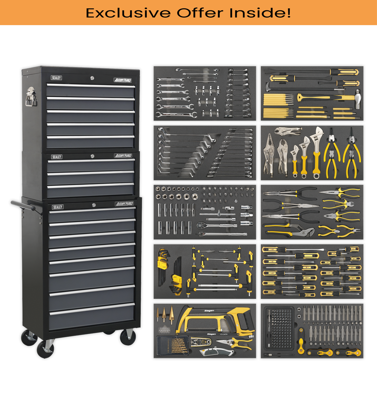 Sealey AP35TBCOMBO Tool Chest Combination 16 Drawer with Ball-Bearing Slides - Black/Grey & 420pc Tool Kit