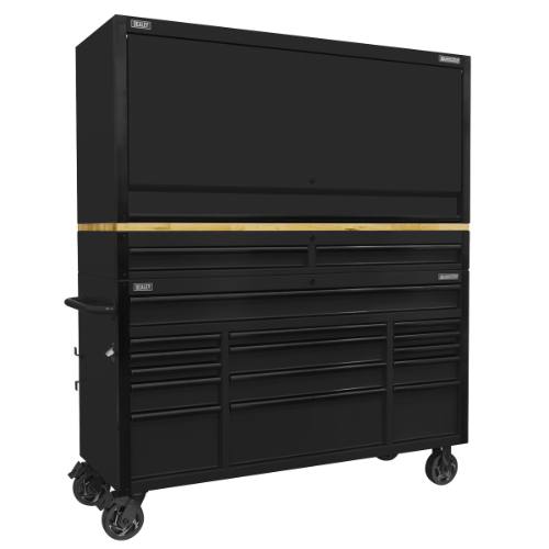 Sealey AP6215BECOMBO1 Superline PRO Black Edition Mobile Trolley with Wooden Worktop 15 Drawer, Hutch & 2 Drawer Riser 1549mm