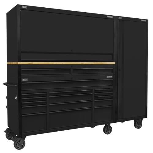 Sealey AP6215BECOMBO2 Superline PRO Black Edition Mobile Trolley with Wooden Worktop 15 Drawer, Hutch, 2 Drawer Riser & Side Locker 1549mm