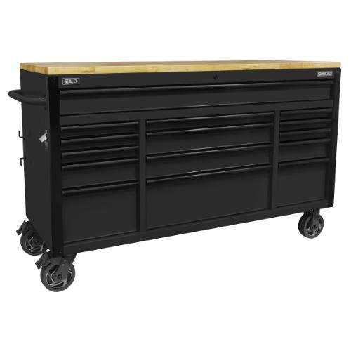 Sealey AP6215BE Superline PRO Black Edition Mobile Trolley with Wooden Worktop 15 Drawer 1549mm