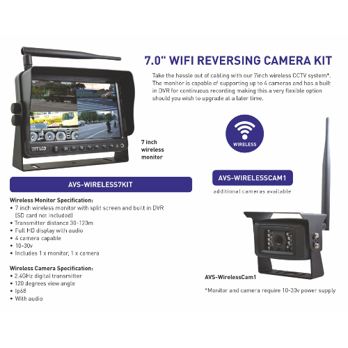 Ashtree 7'' Wireless Camera System, 4 Camera, 10/30v,IP68, AVS-Wireless7Kit
