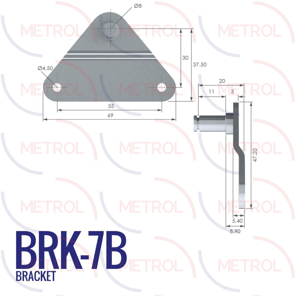 BRK-7B 8mm Triangular Bracket with 55mm Fixing Centres