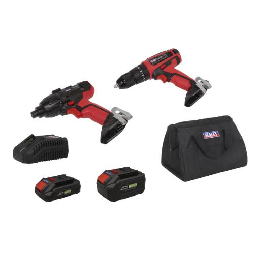 Sealey CP20VDDCOMBOEU 2 x SV20 Series Cordless Power EU Tool Kit 20V Euro Plug - 2 Batteries