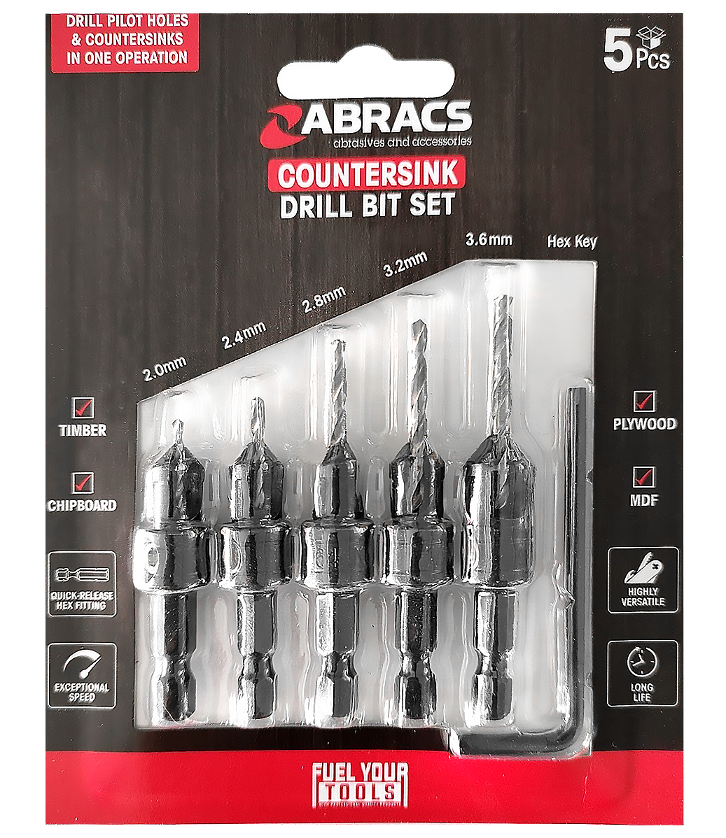 Abracs Countersink + Drill Bit - 5 (Pcs)Set Pack of 1, CSDBSET5