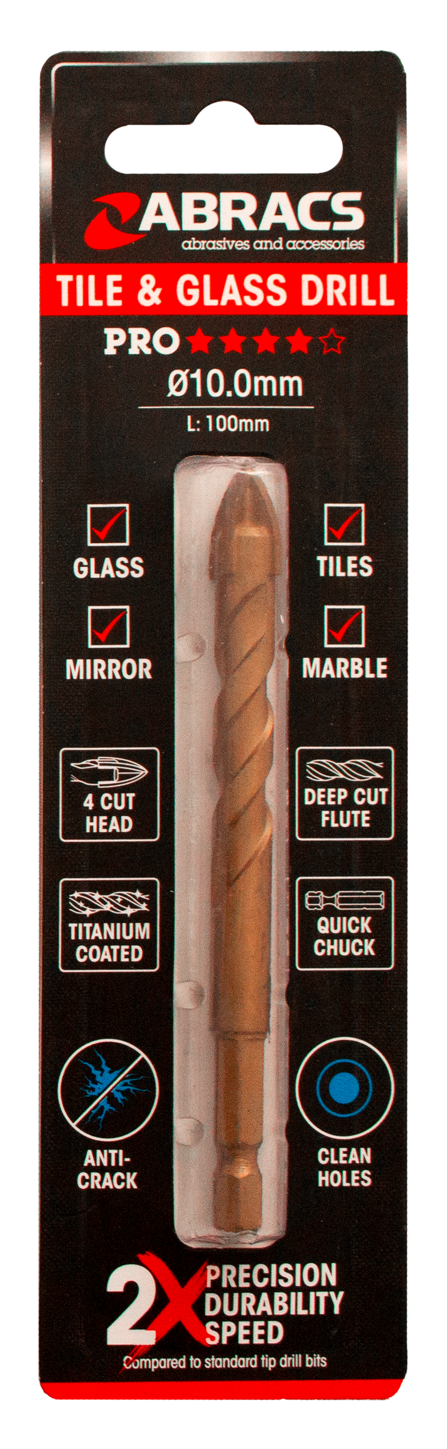 Abracs 10.0mm x 100mm Glass & Tile Drill Bit - 4 Tip Pack of 1, DBG100