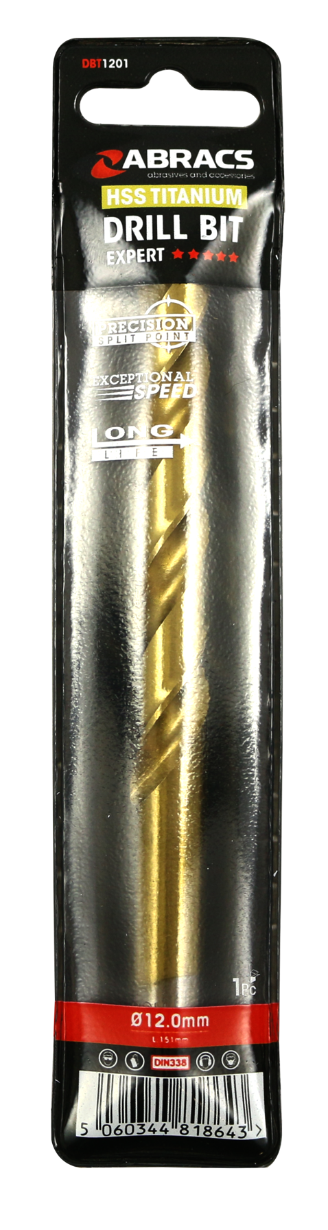 Abracs Tin Coated HSS Drill Bit 12.0mm - Pack of 1, DBT1201