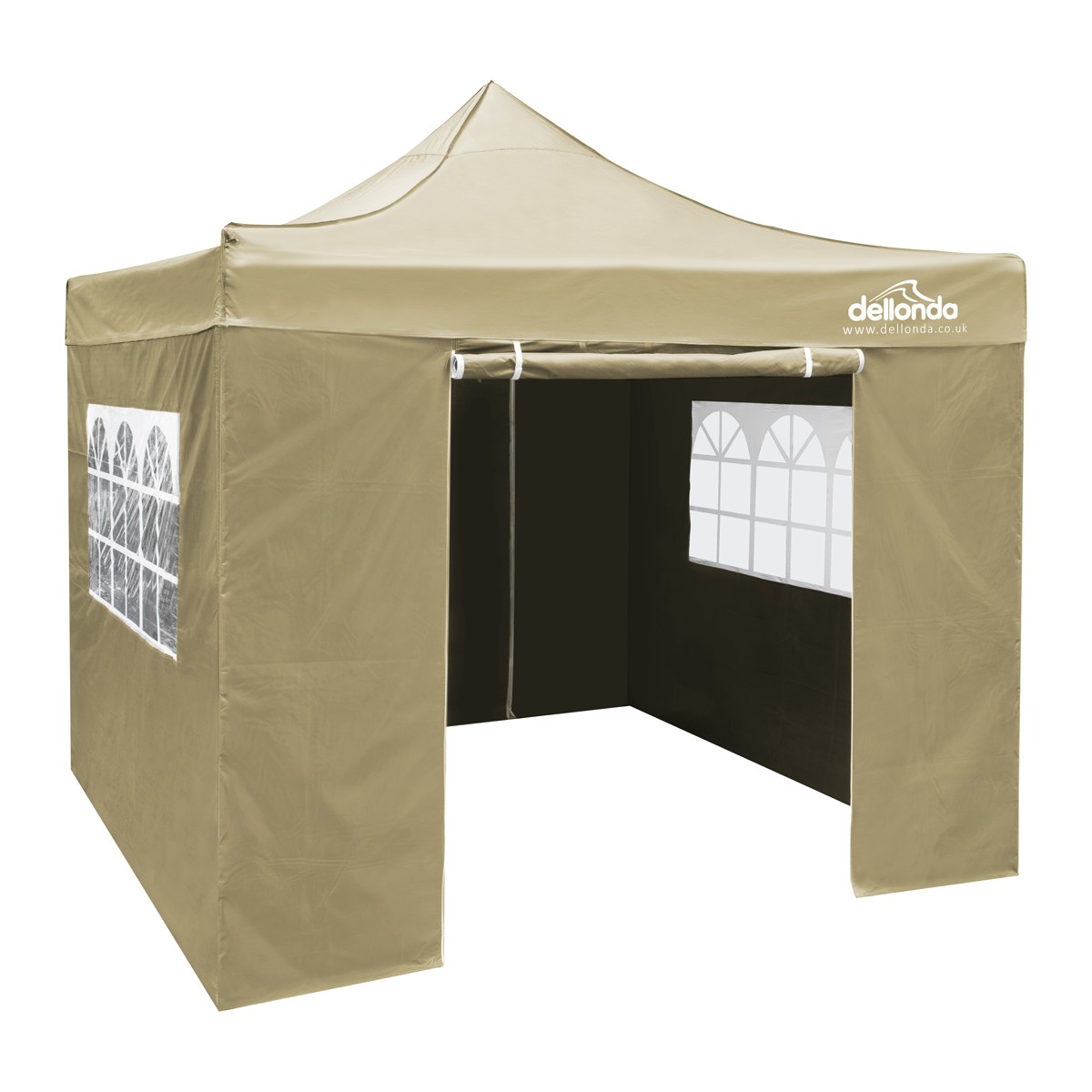 Dellonda DG160 Premium 2x2m Pop-Up Gazebo & Side Walls, PVC Coated, Water-Resistant Fabric, Supplied with Carry Bag, Rope, Stakes & Weight Bags - Beige