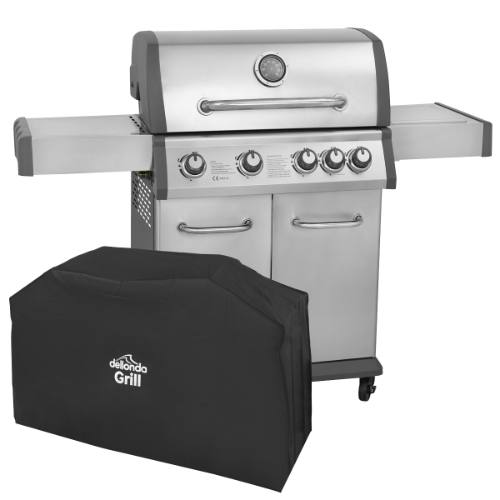 Dellonda DG231 4+1 Burner Deluxe Gas BBQ Grill with Piezo Ignition & Thermometer & Cover - Stainless Steel