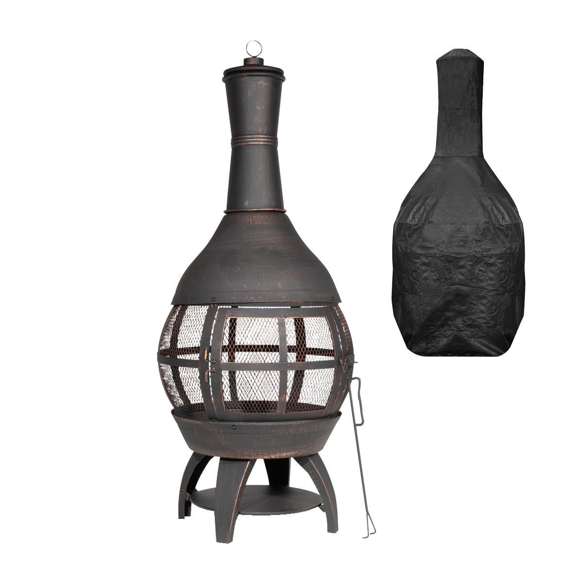 Dellonda DG241 Deluxe 360° Chiminea/Fire Pit/Outdoor Heater with Fire Poker & Water-Resistant Drawstring Cover - Antique Bronze Finish - DG241