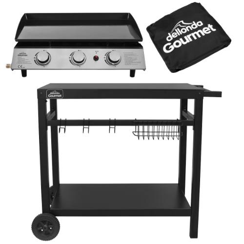 Dellonda DG250 3 Burner Portable Gas Plancha, Cover & Trolley