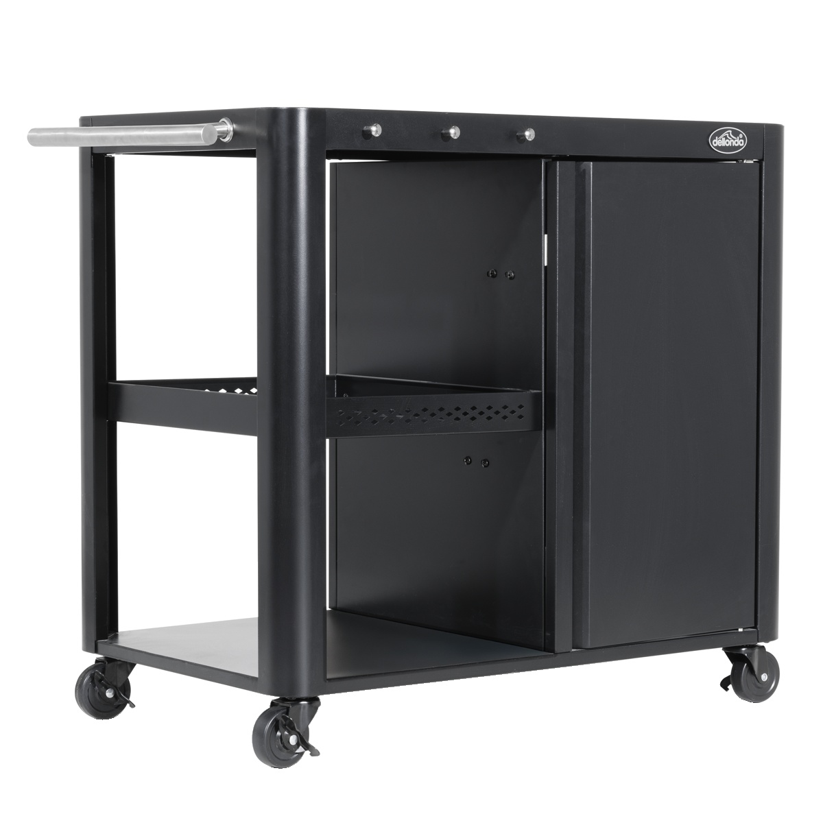 Dellonda DG282 BBQ/Plancha Workstation Trolley with Cupboard, Extension Table & Utensil Hooks, Black