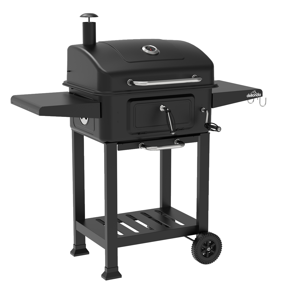 Dellonda DG283 Charcoal Grill BBQ Smoker & Trolley with 2 Side Shelves - Black