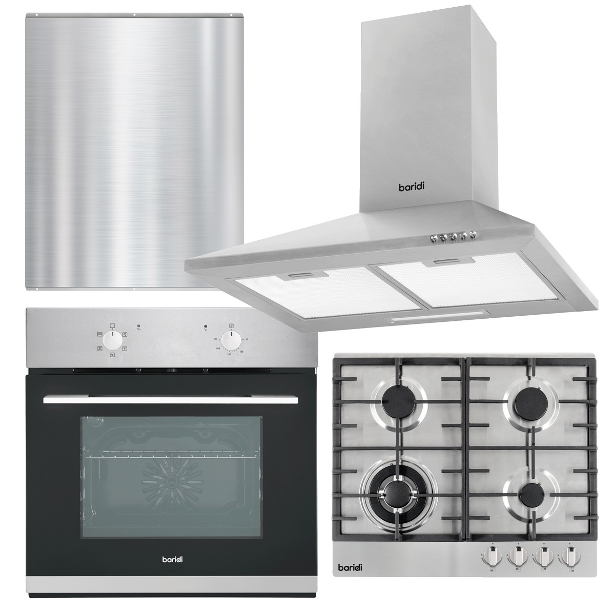 Baridi DH390 Kitchen Appliance Bundle – Integrated Fan-Assisted Oven, Stainless Steel Gas Hob, Chimney Cooker Hood & Stainless Steel Splashback – 60cm