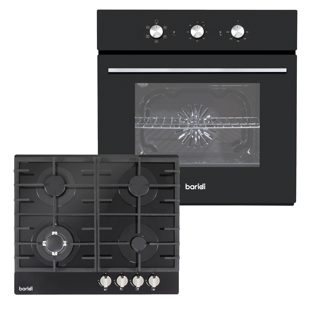 Baridi DH448 Integrated Fan-Assisted Oven with Timer & Black Glass Gas Hob Appliance Bundle – 60cm