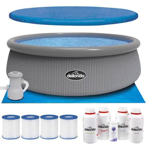 Dellonda DL136 Paddling/Swimming Pool & Pump with Cover, Ground Sheet, Test Strips, Starter Kit and Filters 15ft - Gray Rattan Effect
