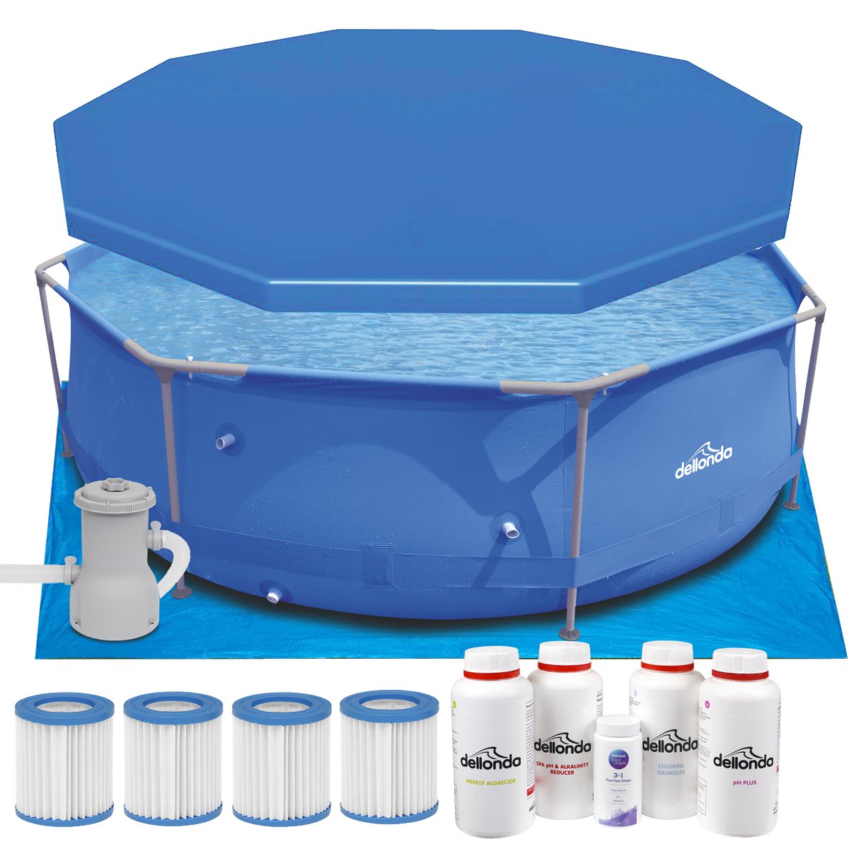 Dellonda DL137 Steel Frame Round Swimming Pool & Filter Pump with Cover, Ground Sheet, Test Strips, Starter Kit & Filters 10ft - Blue