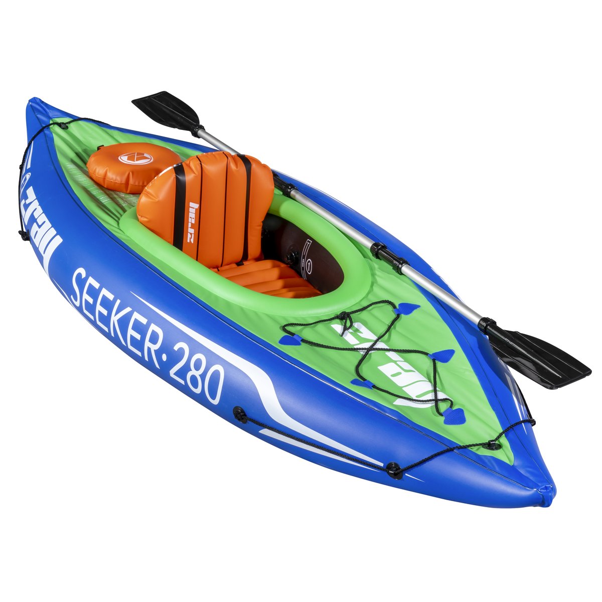 Dellonda DL154 Inflatable One-Person Kayak/Canoe Set with Pump, Carry Bag & Aluminium Oar - Blue/Green