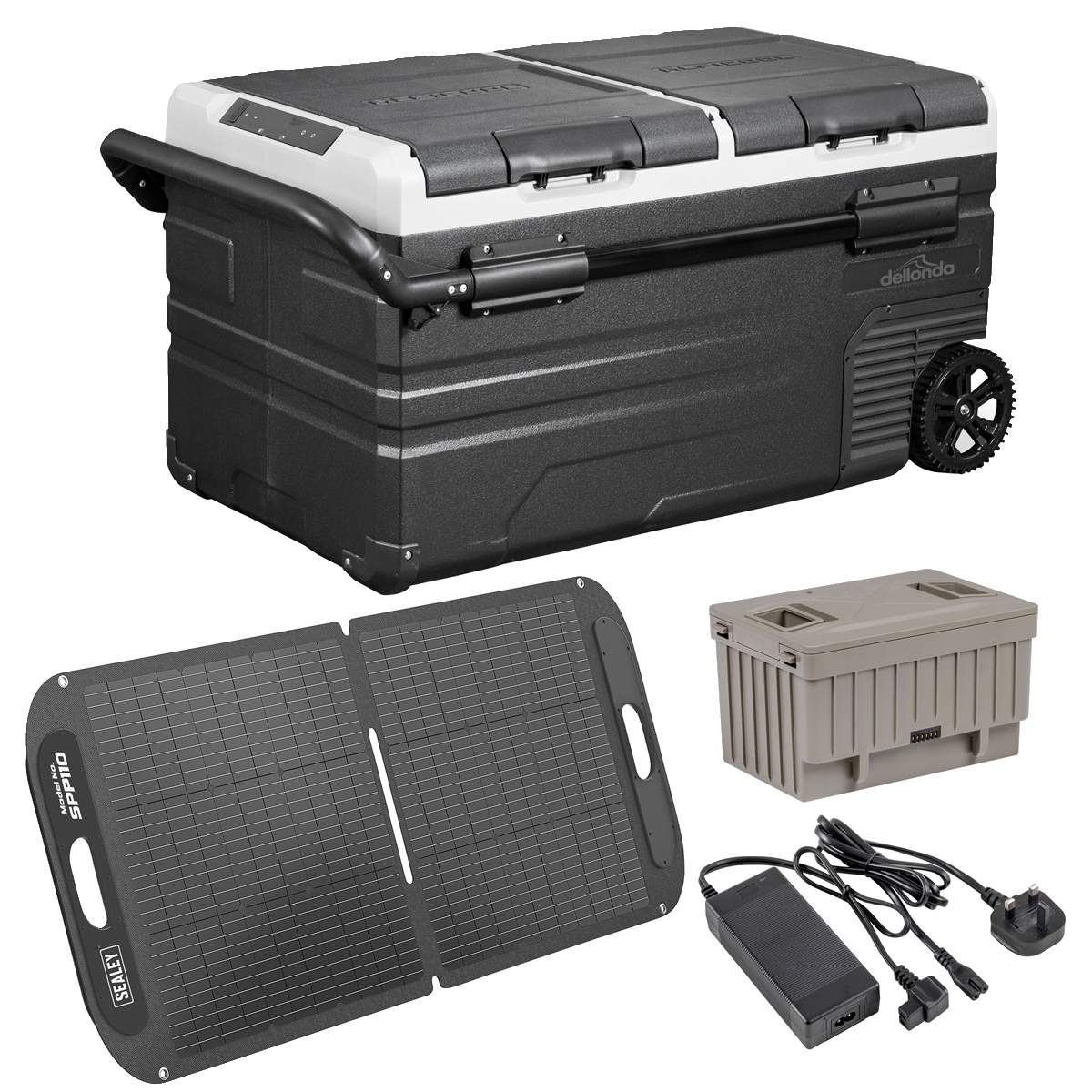 Dellonda DL174 Portable Fridge Freezer/Cool Box 75L with 11.1V Portable Battery, AC/DC 230V Adaptor & 110W Solar Panel