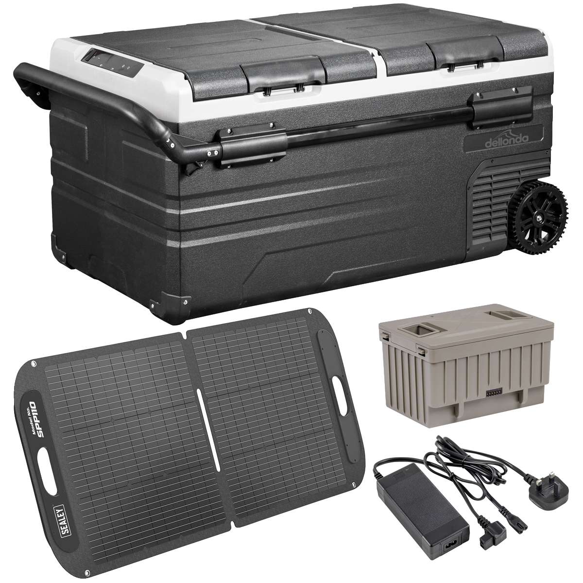 Dellonda DL175 Portable Fridge Freezer/Cool Box 95L with 11.1V Portable Battery, AC/DC 230V Adaptor & 110W Solar Panel