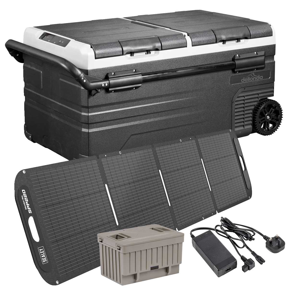 Dellonda DL177 Portable Fridge Freezer/Cool Box 95L with 11.1V Portable Battery, AC/DC 230V Adaptor & 220W Solar Panel